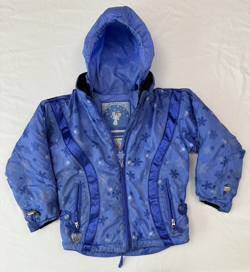 Obermeyer Winter Jacket Girls 6 Blue Snowflake Print Hooded Ski Coat Compass